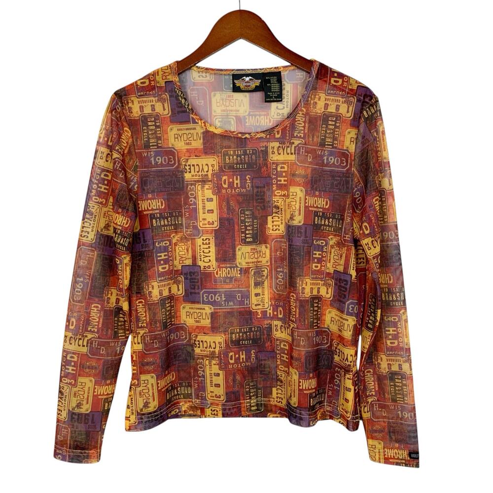 Harley Davidson Mesh Shirt Long Sleeve Top License Plate Pattern Women's L